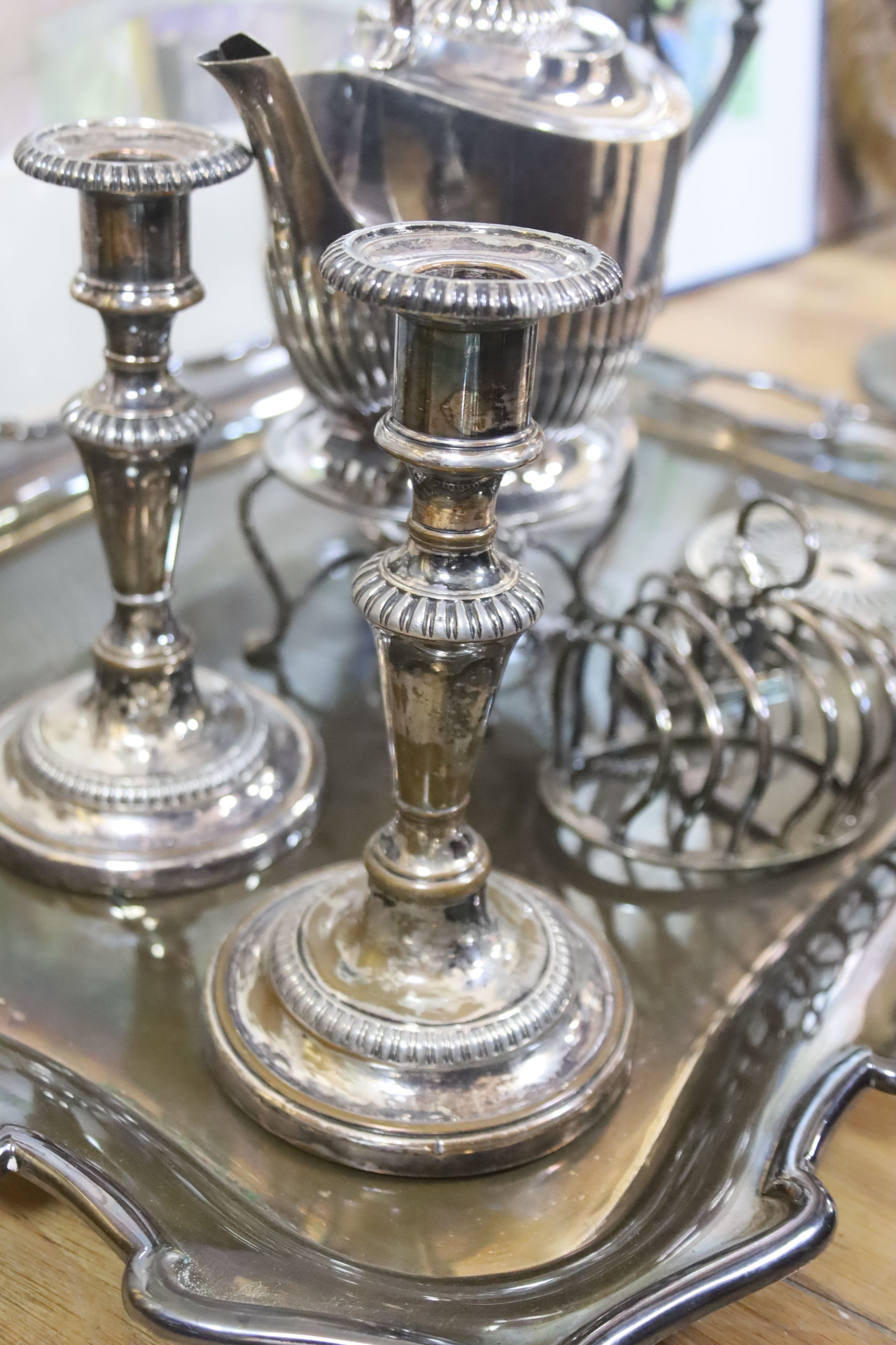 A quantity of assorted silver plate to include a large rectangular tray